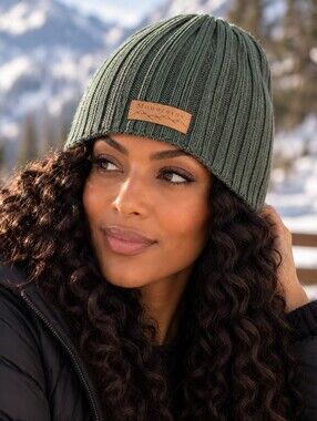 Mountains Green Ribbed Knit Fleece Lined Beanie One Size/ Unisex